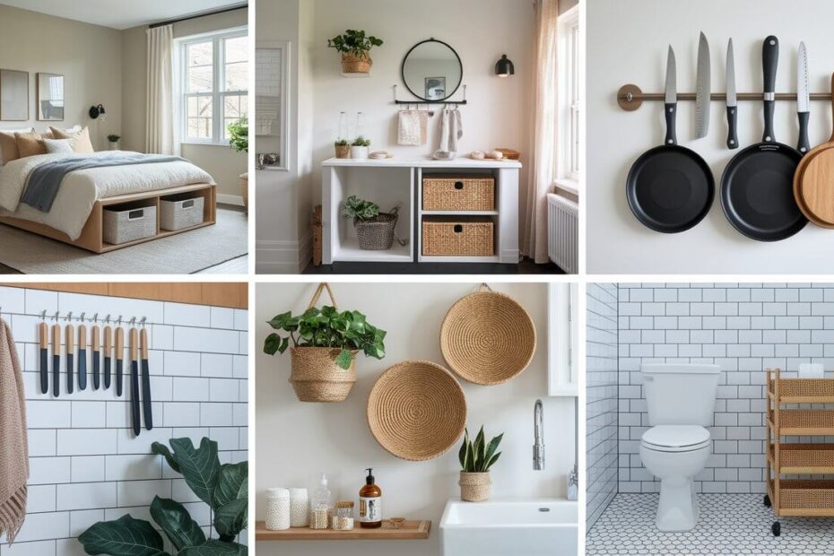 Vertical collage showcasing small space hacks: a serene bedroom with under-bed storage and fold-down desk, a kitchen with magnetic knife strips and tension rod pan storage, and a bathroom with over-the-toilet shelves. Neutral textures, woven baskets, and plants highlight multifunctional, renter-friendly solutions for apartments and tiny homes.