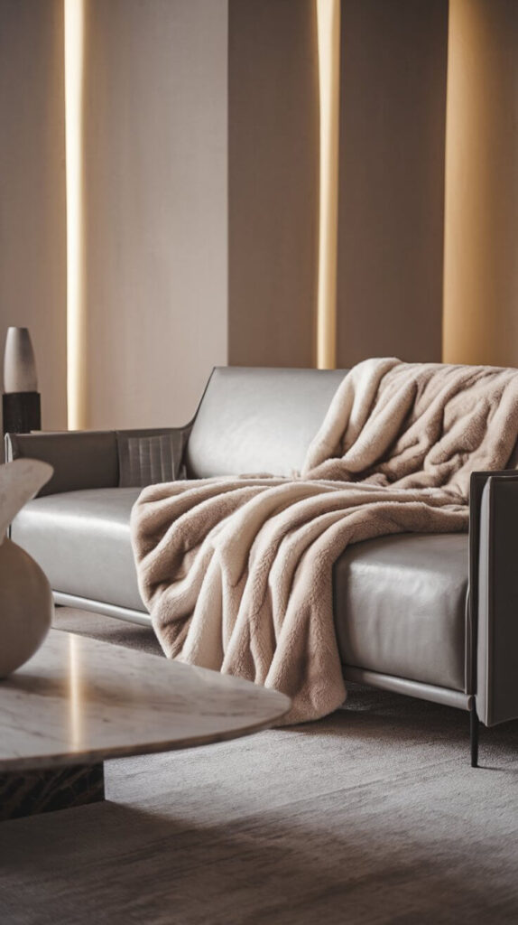 Modern living room with a plush cream throw blanket on a gray sofa, paired with a marble coffee table and minimalist décor, showcasing texture mixing for a cozy yet sleek style.