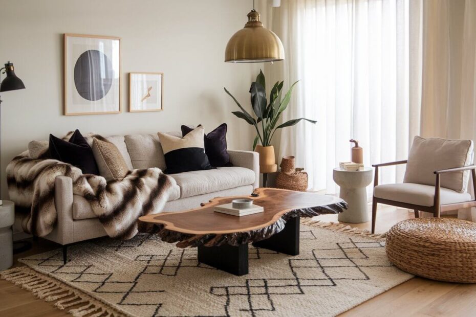 Modern living room with layered textures including linen, wood, concrete, jute, brass, and faux fur, demonstrating stylish texture mixing for a cozy yet sophisticated Pinterest-worthy design