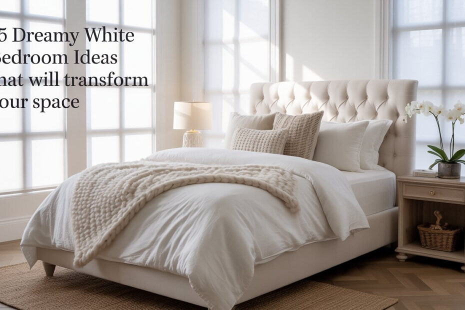 Dreamy white bedroom featuring layered textiles, minimal accents, and abundant natural light. This inspiring featured image showcases the timeless elegance of white bedroom design with text overlay introducing '15 Dreamy White Bedroom Ideas That Will Transform Your Space.'" This featured image captures the essence of your article while being visually striking enough to stand out on Pinterest feeds and encourage clicks. The combination of multiple white bedroom elements without committing to just one aesthetic will appeal to a broader audience